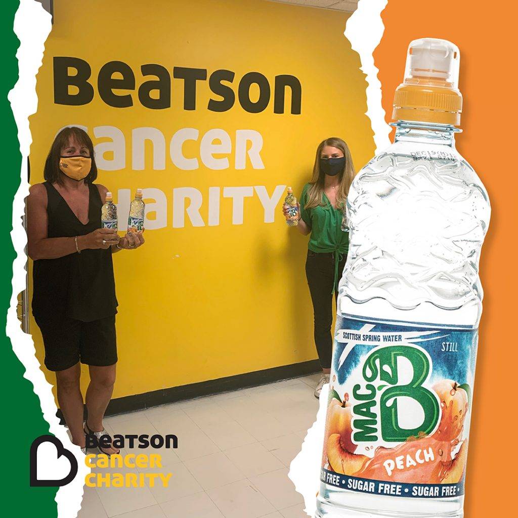 Beatson Cancer Charity logo with Macb water with a Macb employee and a Beatson employee