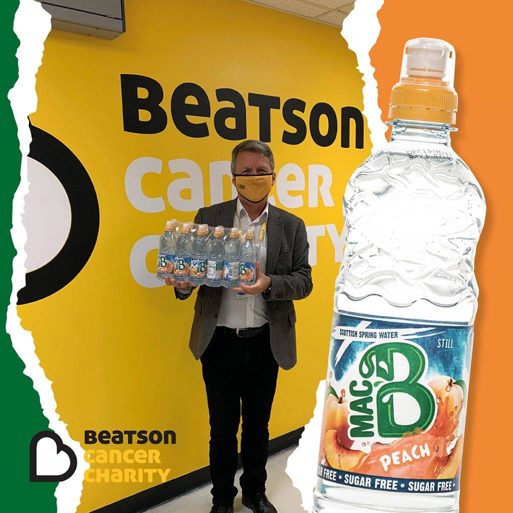Beatson Cancer Charity logo with Macb water with Beatson CEO