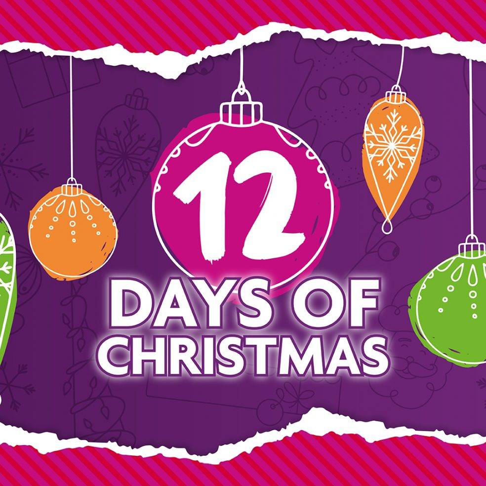 12 days of christmas heading with christmas baubles