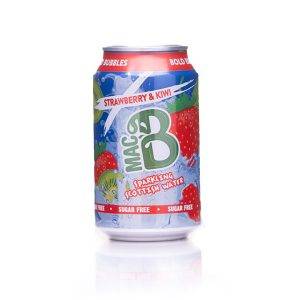 A strawberry and kiwi flavoured can of Macb flavoured sparkling scottish spring water