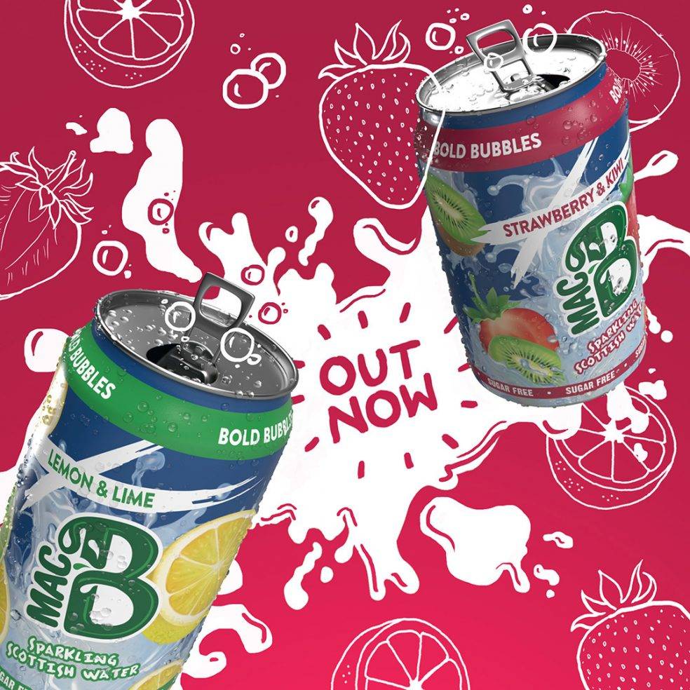 Two cans of Macb Sparkling Flavoured Water in front of a stylised background of fruit slices, saying 'Out Now!'