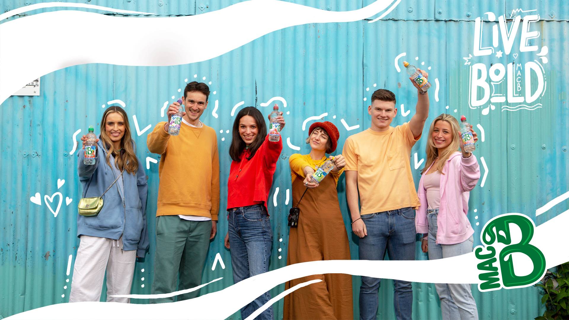 6 people in bright clothing holding bottles of macb with the title 'live bold'