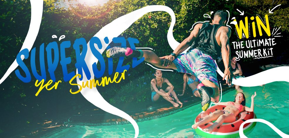 Summer comp banner with people having fun around a swimming pool